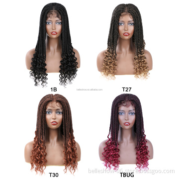 18inch Long Curly Heat Resistant Natural Black Box Braid Synthetic Braiding Hair Wigs Full Handmade 4x4 Lace Front Wig